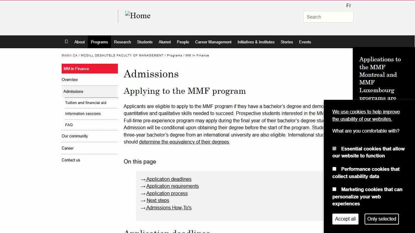 Admissions Master of Management in Finance (MMF) McGill Desautels Faculty of Management - McGill University